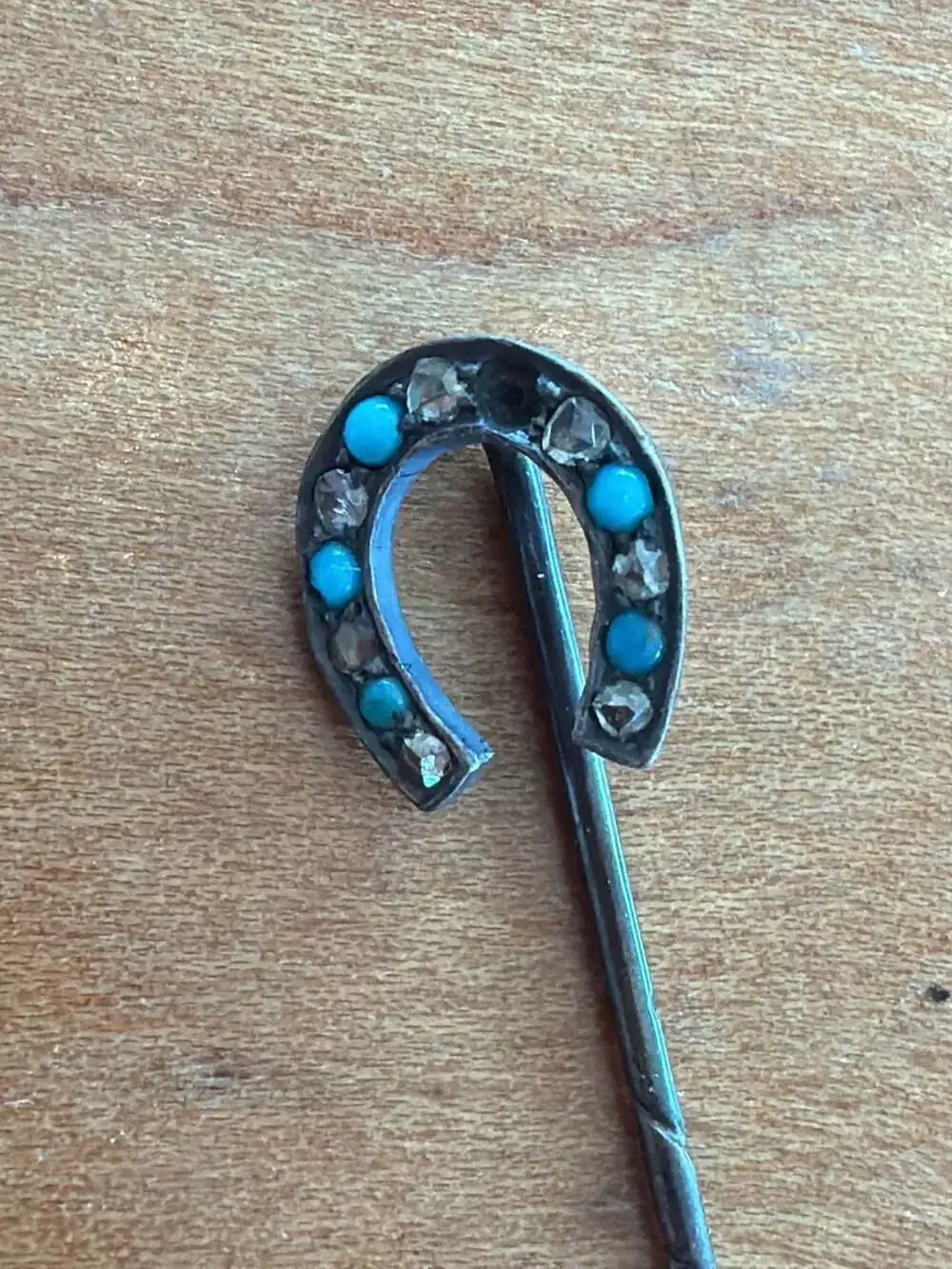 Antique Victorian Untested Turquoise and Diamond Horseshoe Stick Pin